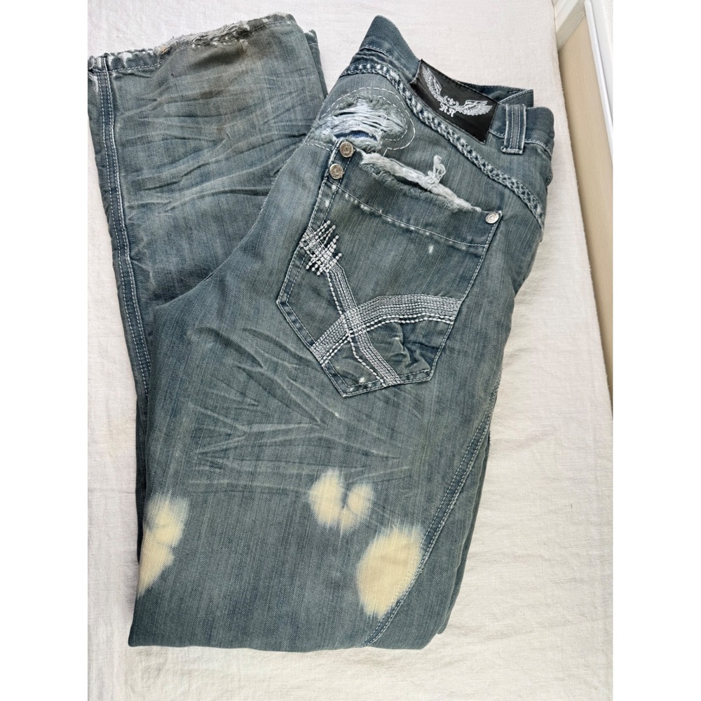 Royal Army Distressed Blue Grey Denim Jeans Y2K Embroidered Straight Leg 34x34